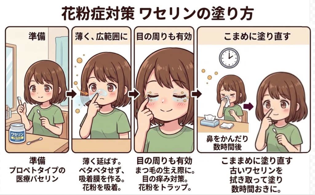 花粉症対策　ワセリンの塗り方